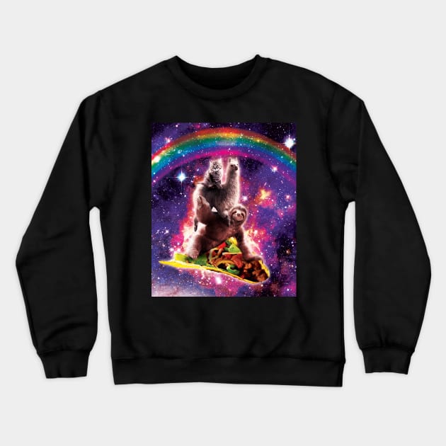 Space Cat Llama Sloth Riding Taco Crewneck Sweatshirt by Random Galaxy